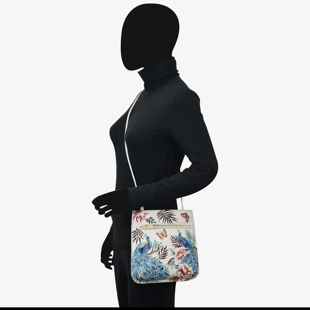 Anuschka Floral Peacock Print Cream Slim Crossbody Bag NWT - Picture 6 of 6